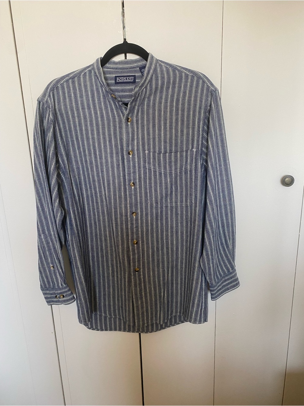 Vintage Lands End Men S Band Collar Shirt Blue Green White Stripe 90s EUC